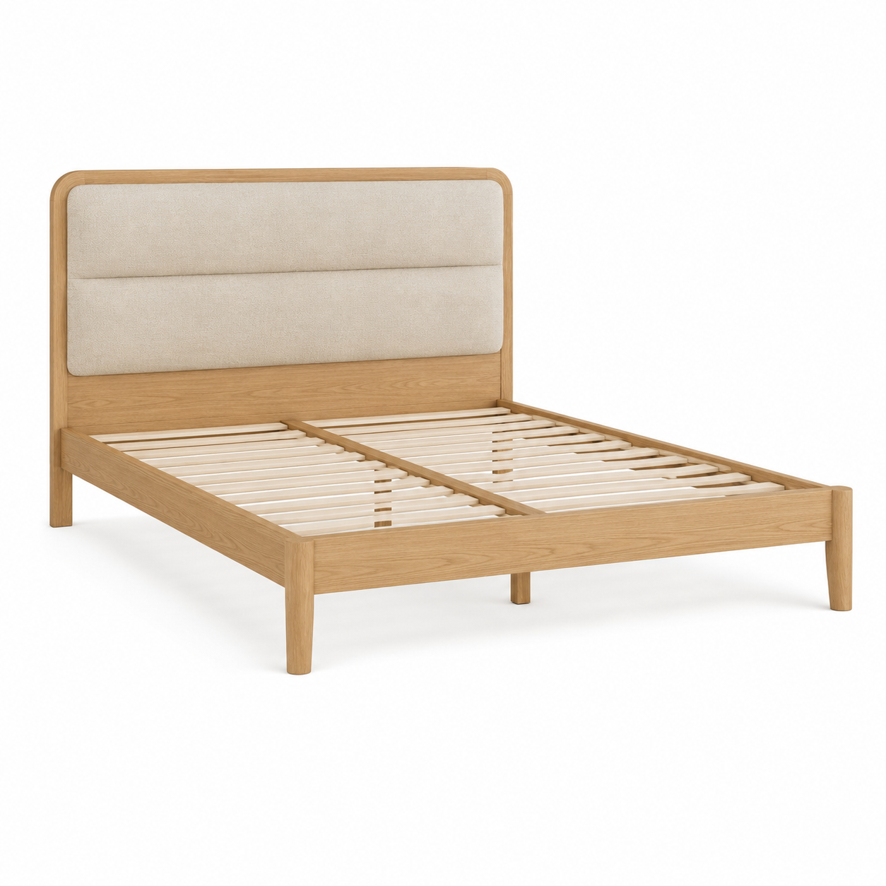 Japandi Bettgestell Eiche Natur mit gepolstertem Kopfteil 160x200 cm