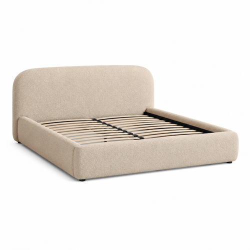 Bouclé Polsterbett Beige mit abgerundetem Kopfteil 160x200 cm
