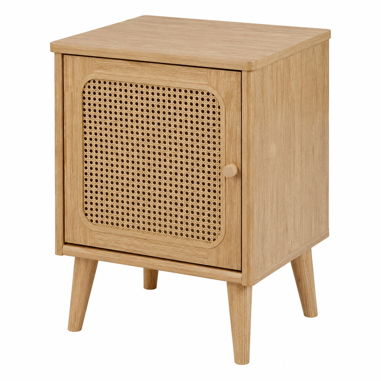Boho Nachttisch Eiche Hell mit Rattanoptik Front 45x38x55 cm