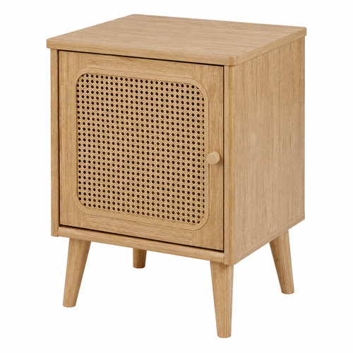 Boho Nachttisch Eiche Hell mit Rattanoptik Front 45x38x55 cm