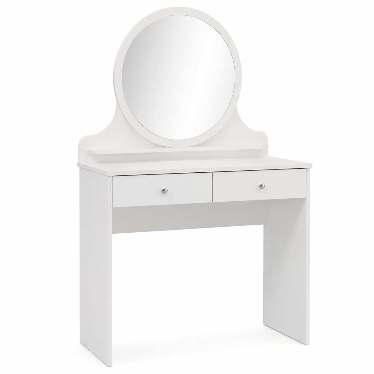 Schminktisch Weiß mit rundem Spiegel und zwei Schubladen 100x45x138 cm