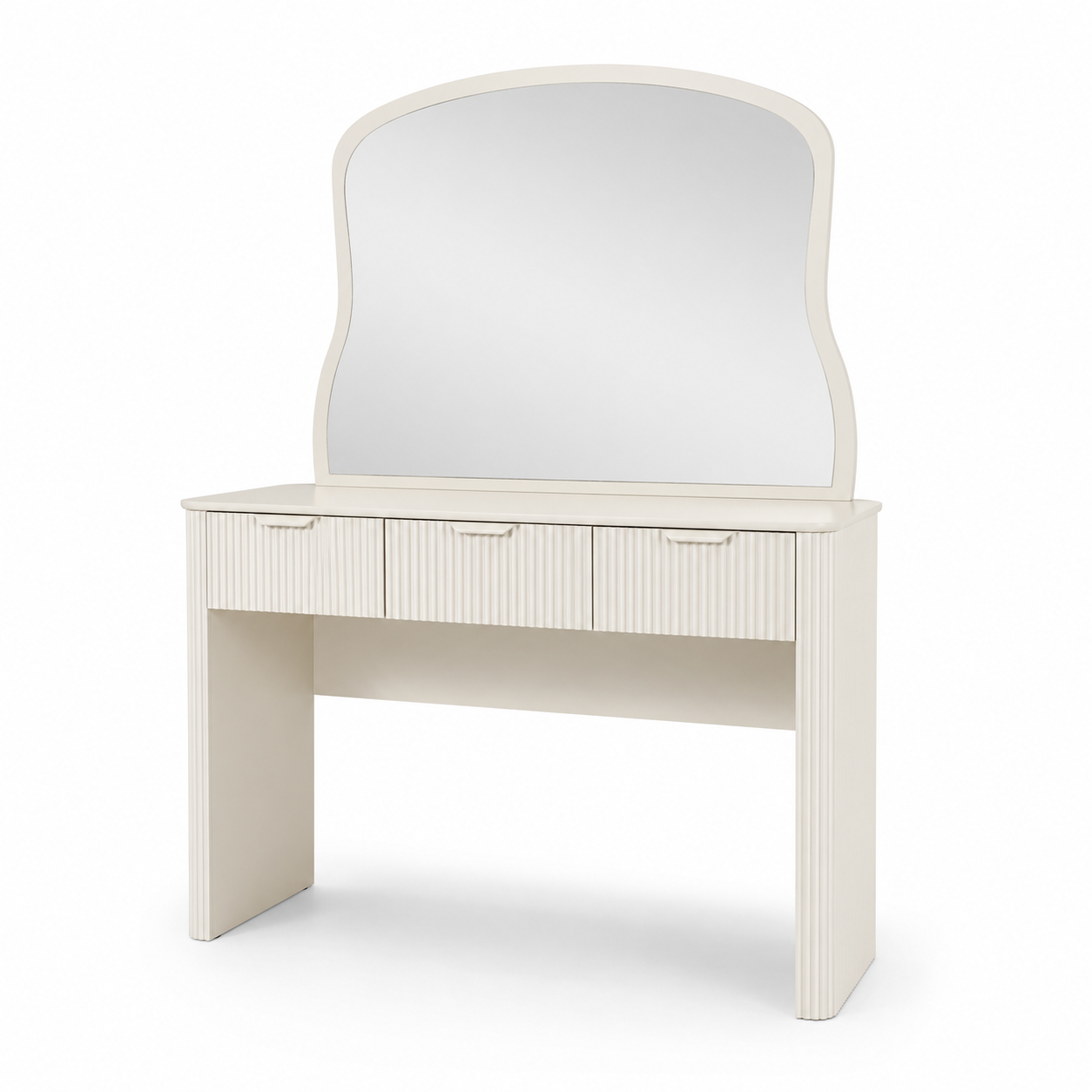 Cremeweißer Schminktisch mit geriffelter Front und Spiegel 110x45x140 cm
